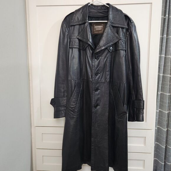 Vintage Leather Trench Coat 42 Black Long Belted Mob Wife Grunge - Main Image